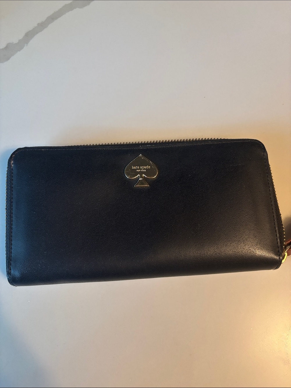 kate spade Black Leather Zip Around Wallet with Gold Spade Heart Logo